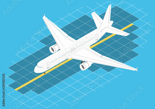 White modern twin-engine airliner. Isometric view. Flat vector.