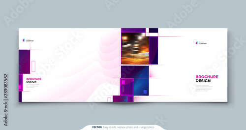 Purple Landscape Brochure Cover Template Layout Design. Corporate business annual report, catalog, magazine, flyer mockup. Creative modern bright cover concept with purple square shape