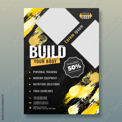 Build Your Body advertising website template design with 50% discount offer for first 3 month and space for your image.