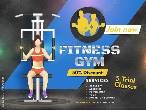 Fitness Gym advertising poster or banner design with 50% discount offer and 5 day trial classes on abstract background.