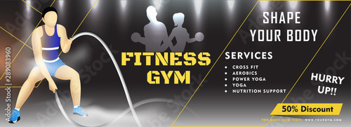 Illustration of man ropes workout on lighting background for Fitness Club advertising header or banner design with exercise time and other information.