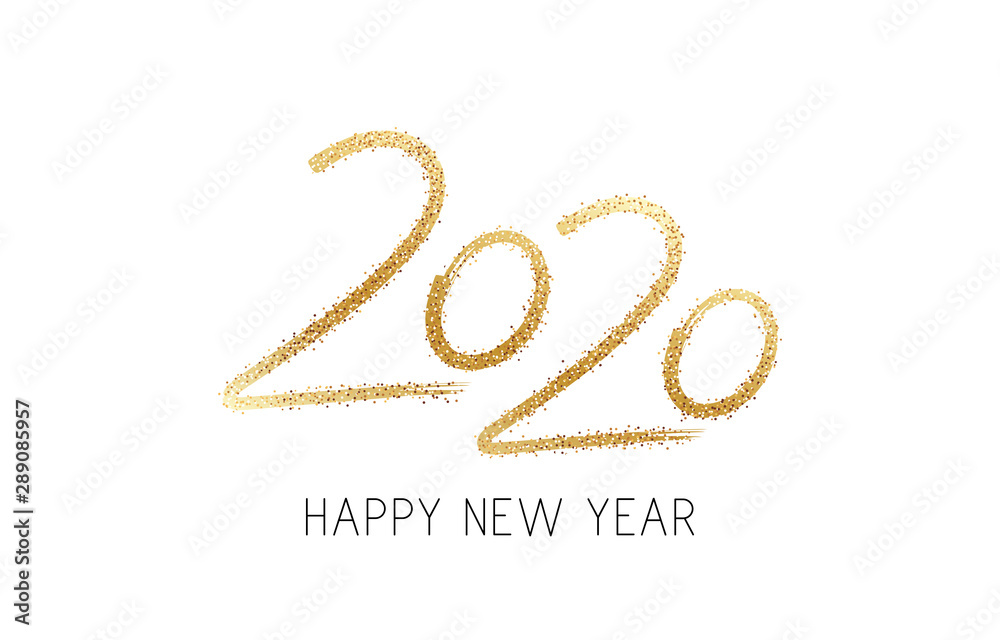 2020 Happy New Year text design. Golden text with bright sparkles. Hand drawn logo. Design for banner, poster, postcard, print and calendar. Vector illustration