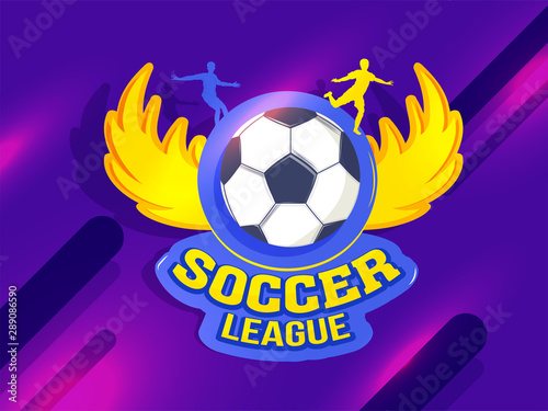 banner or poster design with illustration of Soccer ball covered with flying wings on shiny futuristic technology background for Soccer League concept.