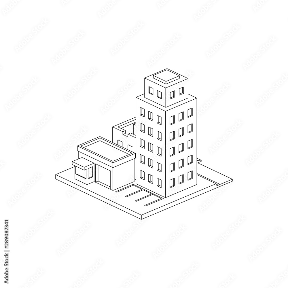 Fototapeta premium Mini City Block Isometric Line Art