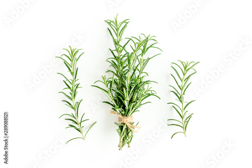 Green bundle of rosemary isolated on a white background.   edicinal herbs. Flat lay. Top view