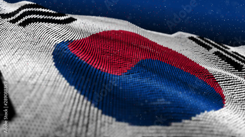 Abstract Glowing Particle Wavy surface with South Korea flag texture. 8K 3D illustration