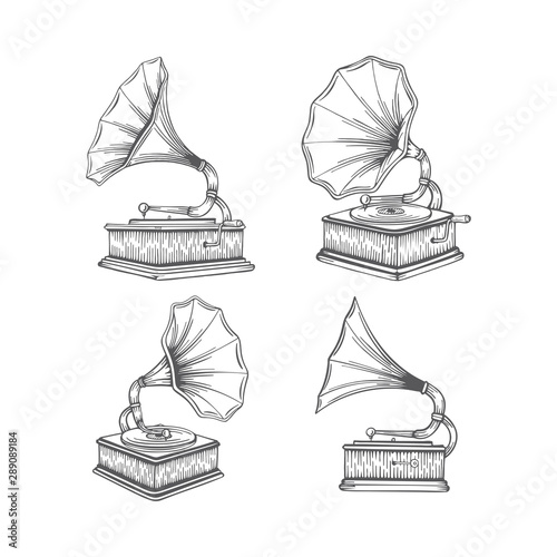 Vintage gramophone hand drawn illustrations set. Old gramophones in different views isolated on white background. Retro music concept. Gramophones sketch.