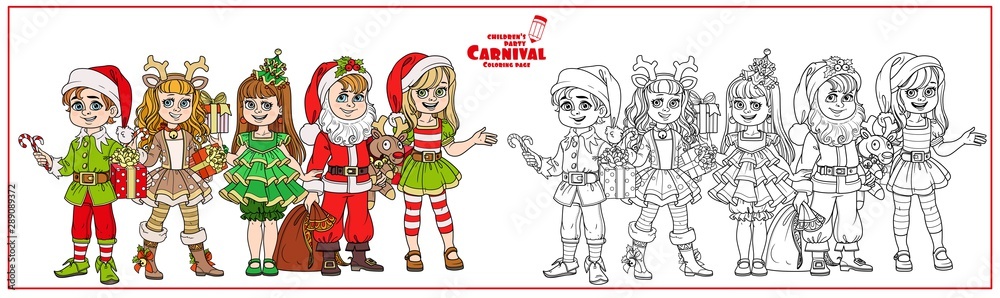 Children in carnival costumes christmas characters color and outlined for coloring page Children in carnival costumes christmas characters color and outlined for coloring page