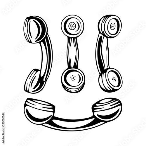 Handset hand drawn illustrations set. Phone vector icons. Handsets isolated on white background.  Telephone symbol. Vector illustration