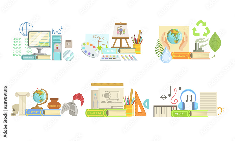 School Subjects Set, Informatics, Ecology, Drafting, Painting, Geography, History, Music Vector Illustration
