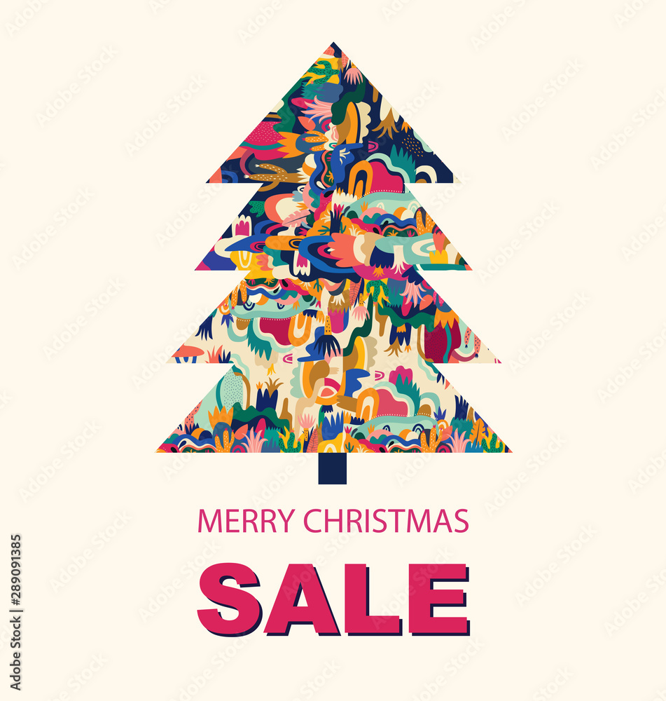 Vector holiday illustration with Christmas tree. Merry Christmas greeting card