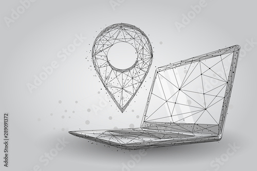 Low poly GPS pin on pc laptop screen. Abstract notebook wireframe traveling vector illustration. Maps and navigator services.