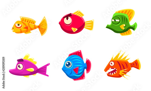 Colorful Little Glossy Fishes Set, Funny Big Eyed Fishes Cartoon Characters Vector Illustration