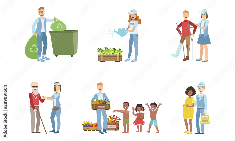 Volunteers at Work Set, Young Men and Women Collecting Garbage, Watering Plants, Helping Disabled and Elderly People, Feeding Hungry and Needy Kids Vector Illustration