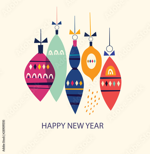 Christmas banner with christmas toys. Greeting vector illustration for decoration of holidays New Year and Christmas. New Year Banner.