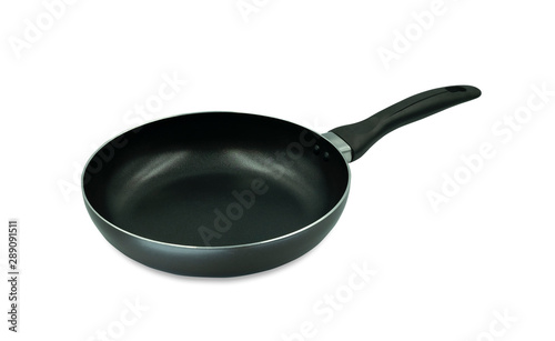 Black frying pan isolated on white background with clipping path.