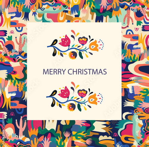 Vector illustration with beautiful pattern. Holiday greeting card for Christmas holiday