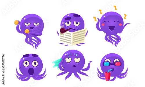 Cute Purple Glossy Octopus Character Set, Funny Sea Creature Showing Various Emotions Vector Illustration