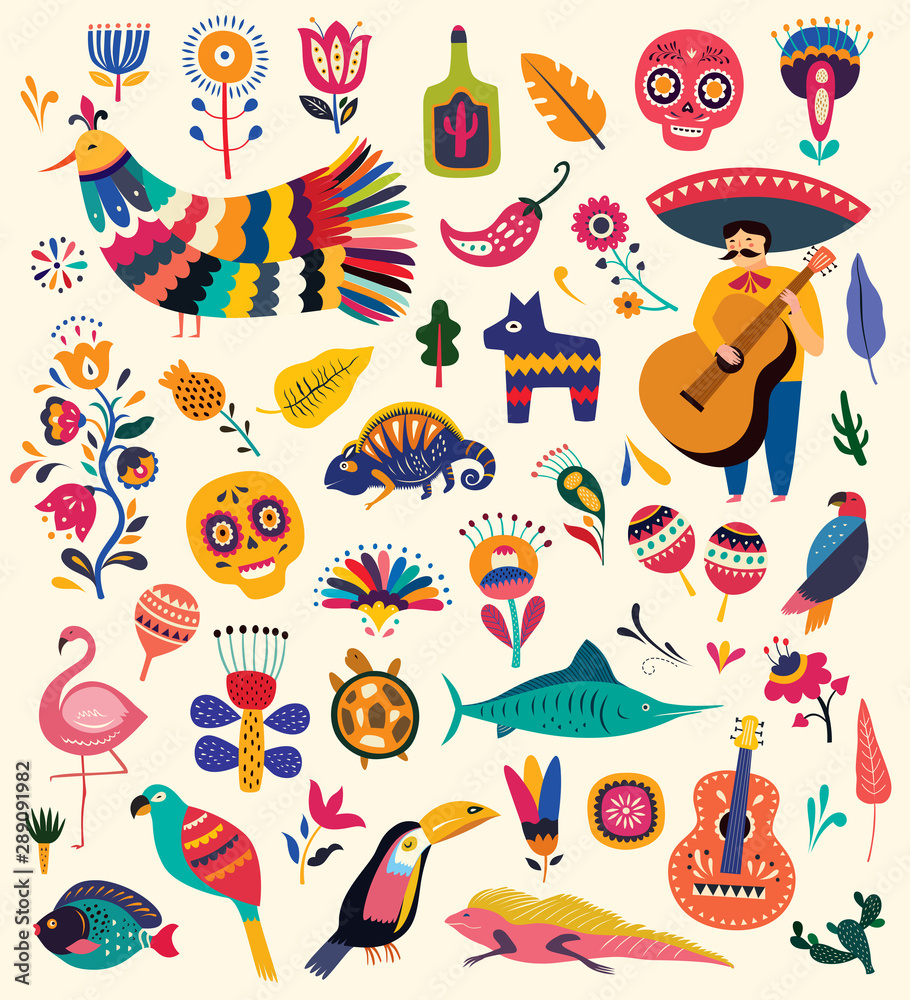 Mexican collection with symbols of Mexico. Mexican decorative vector pattern. 