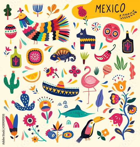 Mexican collection with symbols of Mexico. Mexican decorative vector pattern. 
