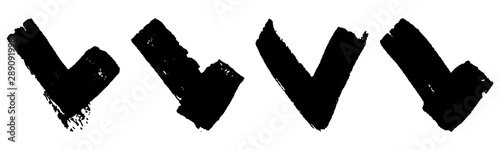 Set of check mark icons in grunge style black on white background