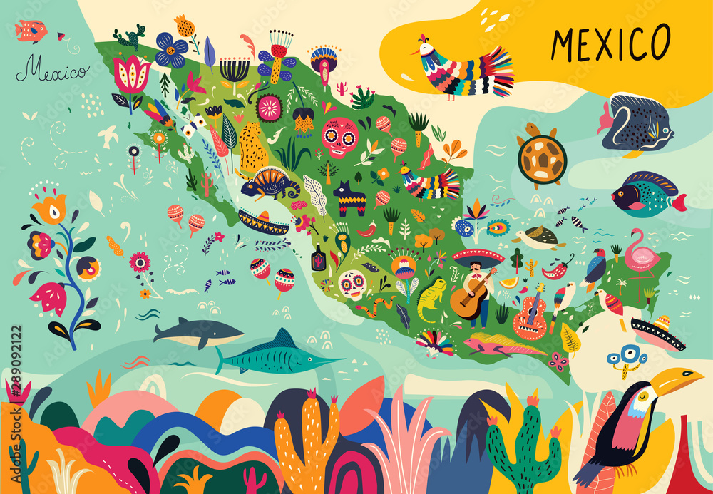 Fotografía Map of Mexico with traditional symbols and decorative elements.  | Posters.es
