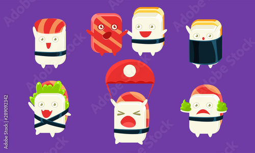 Sushi and Sashimi Cartoon Characters Set  Cute Rolls with Funny Faces in Different Situations and Various Emotions Vector Illustration