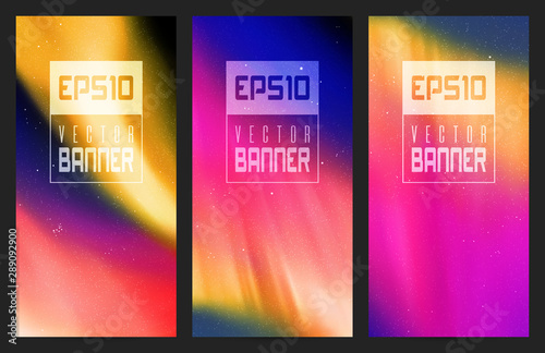 Vector set of vertical banners with beautiful starry sky and Northern lights. Illustration with aurora borealis in trendy neon colors. Abstract colorful cards for design