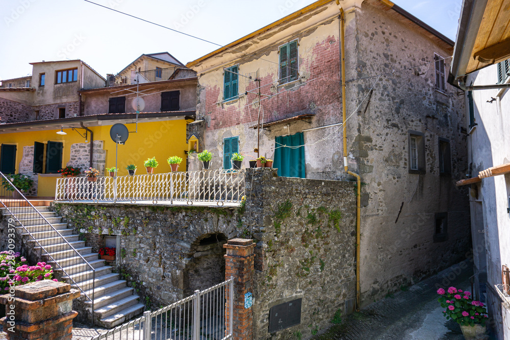 Codiponte, old village in Italy. View of the old stone house. Italian, summer street.