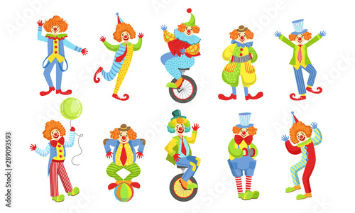 Collection of Happy Funny Clowns in Action Poses, Funny Circus Comedian Characters in Costumes Vector Illustration © topvectors