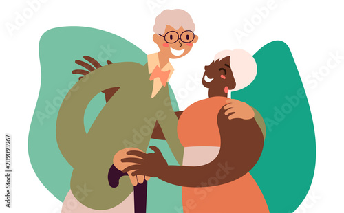 Flat style cartoon cute character, african american and caucasian elderly couple of people friends family spouse hug. Using cane. Hand drawn vector illustration.