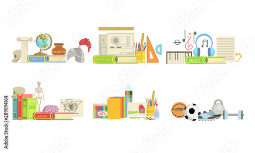 School Subjects Set, History, Drafting, Music, Anatomy, Drawing, Sport Vector Illustration
