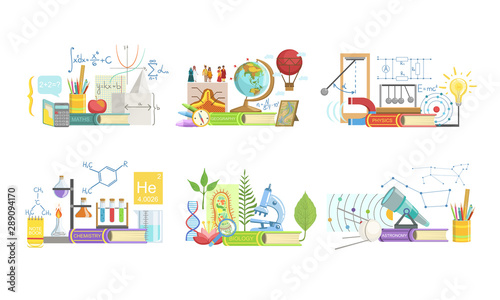 School Subjects Set, Math, Geography, Physics, Chemistry, Biology, Astronomy, Vector Illustration