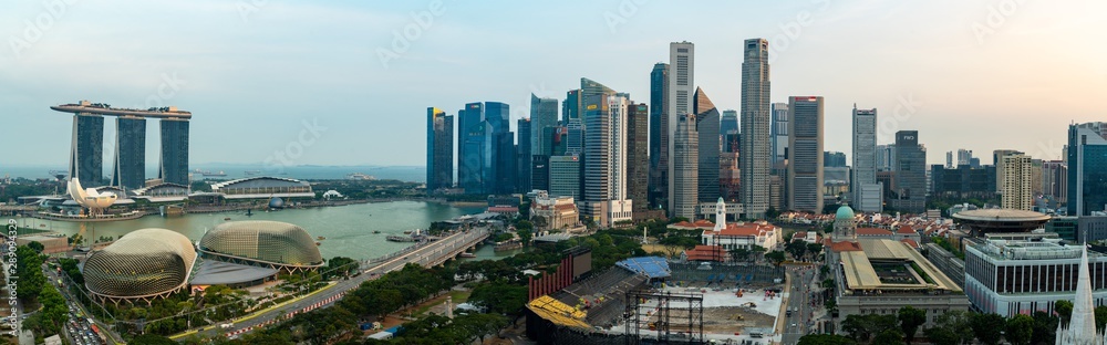 Super wide angle image of Singapore skyscrapers before sunset