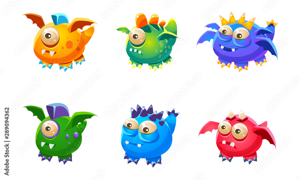 Colorful Little Glossy Fantastic Monsters Set, Funny Big Eyed Mutants Cartoon Characters Vector Illustration