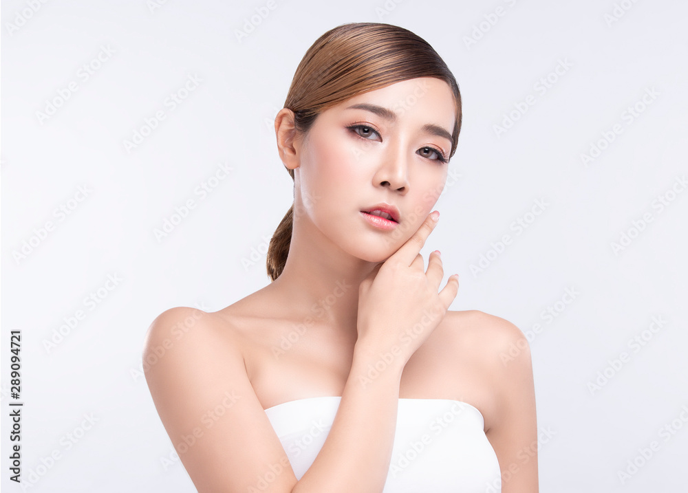 Beauty Young asian woman with perfect facial skin. Gestures for advertisement treatment spa and cosmetology. Beauty Young asian woman with perfect facial skin. Gestures for advertisement treatment spa and cosmetology.