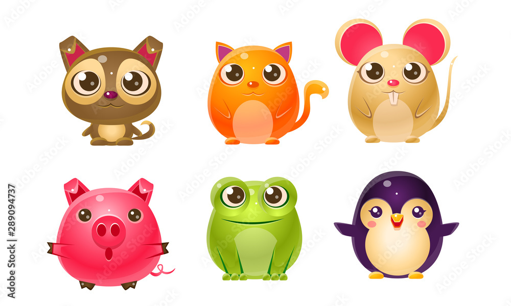 Cute Bright Glossy Animals Set, Dog, Cat, Mouse, Pig, Frog, Penguin Vector Illustration Cute Bright Glossy Animals Set, Dog, Cat, Mouse, Pig, Frog, Penguin Vector Illustration