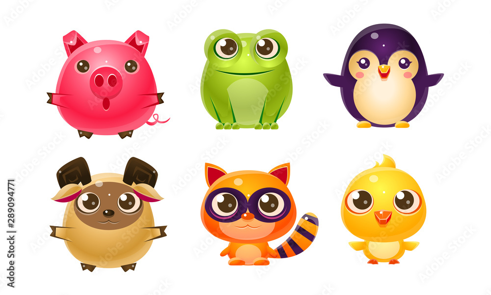 Cute Bright Glossy Animals Set, Sheep, Cat, Chicken, Pig, Frog, Penguin Vector Illustration