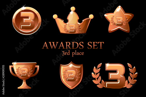 Collections Awards trophy. Bronze awards icons set, 3rd place winner badge, trophy cup prize, win rewards, success crown. Objects on a separate layer.