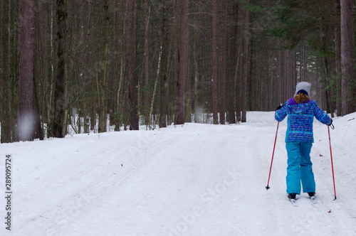Girl cross-country skiing in woods while it snows © stephaniemurton