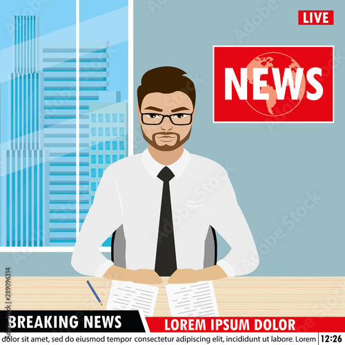 Handsome anchorman,breaking news in tv studio. Cartoon arabic male character