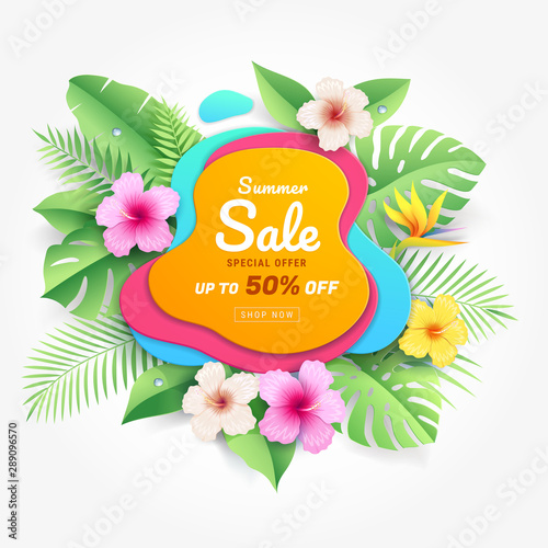 Summer sale card with hibiscus flowers on tropical leaf paper cut style background. Vector illustration