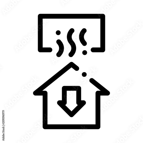 Temperature Loss House Window Arrow Down Vector Icon Thin Line. Cooling And Humidity, Airing, Ionisation And Heating Concept Linear Pictogram. Conditioning Related Monochrome Contour Illustration