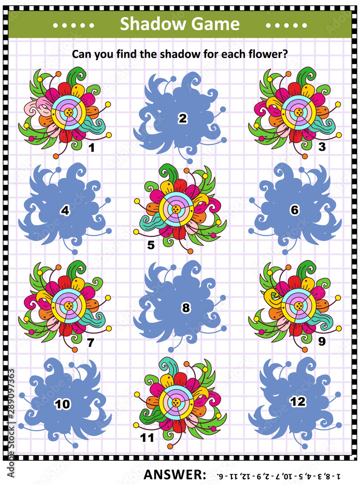 Shadow game with decorative whimsical flowers Shadow game with decorative whimsical flowers