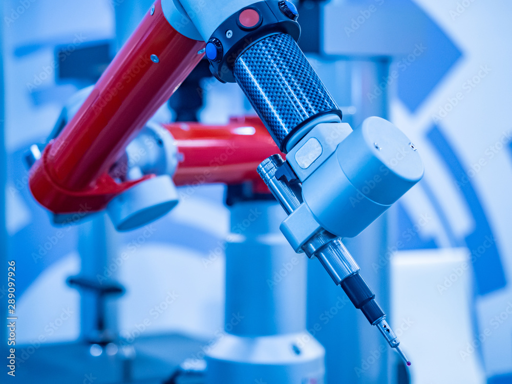 Foto de 3D detail measurement. Measuring arm. 3D modeling. Robotic arm