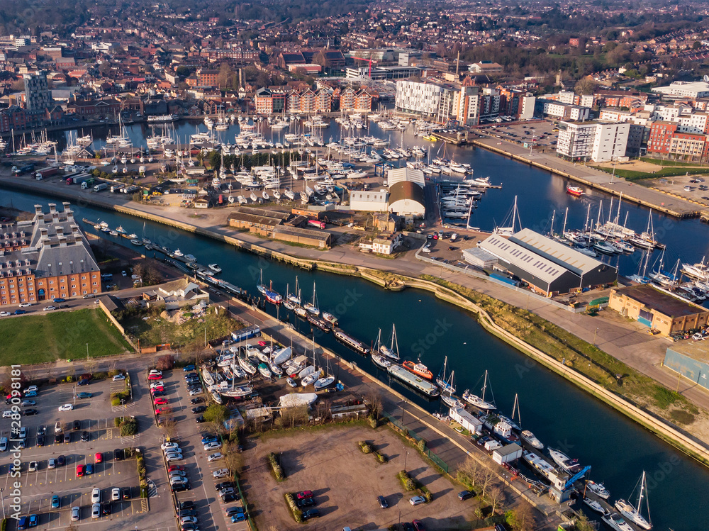Fototapeta premium Aerial photograph of many boats docked in the marina