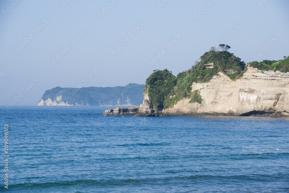 Ubara, Chiba, Japan , 09/01/2019 , Ubara beach with the south cliff on the east coast of  Chiba prefecture.