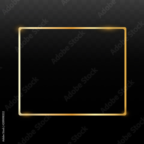 Golden frame with a shiny glow. Frame with shadows isolated on transparent background. Golden luxury realistic rectangle border. Vector illustration EPS10