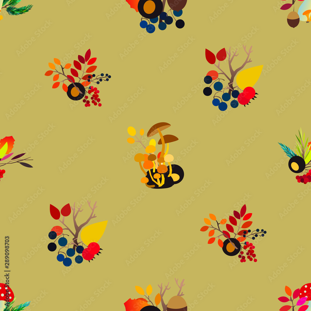 Autumn vector seamless pattern with berries, acorns, pine cone, mushrooms, branches and leaves.