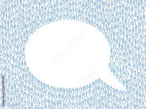 Blue stick figures forming speech balloon, negative space